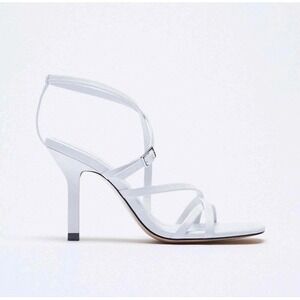 NWT‎ Zara White Strappy Sandals Square Toe Heels Coquette Kitten Minimalist 40